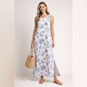 Bellambra Made in Italy Linen Blue Floral Maxi Dress Coastal Sleeveless M